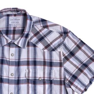 Lucky Brand Mens L Western Shirt‎ Plaid Pearl Snap Saturday Stretch Short Sleeve